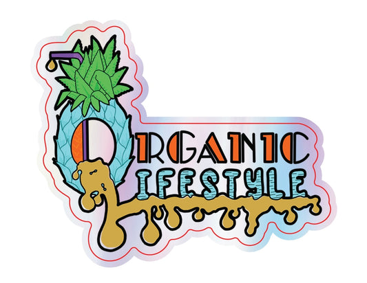Organic Lifestyle. Teal pineapple represents the O. Purple straw with gold liquid dripping out of state and pineapple. Word "Organic" in orange .Word "Lifestyle" in teal. Base liquid in color gold.